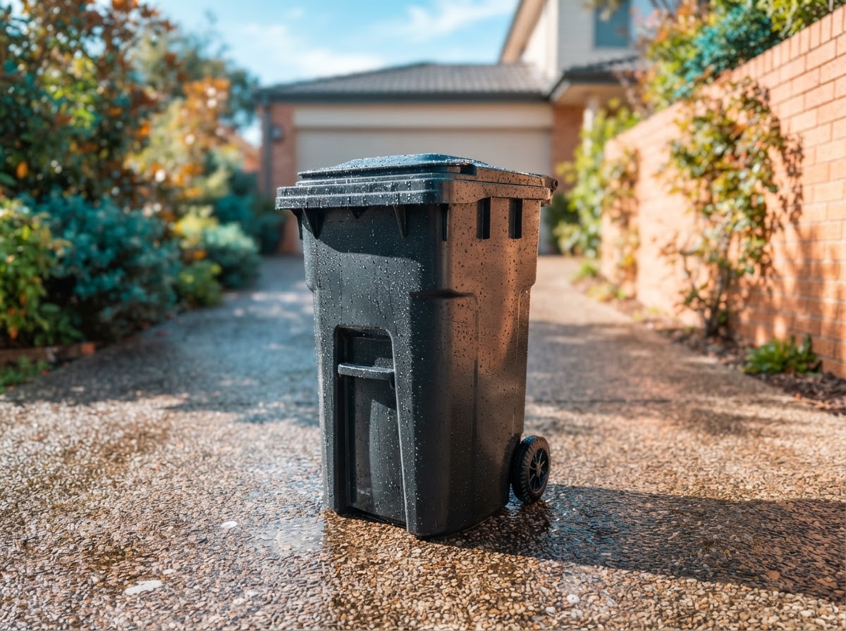 A freshly cleaned residential trash bin on a sunny driveway