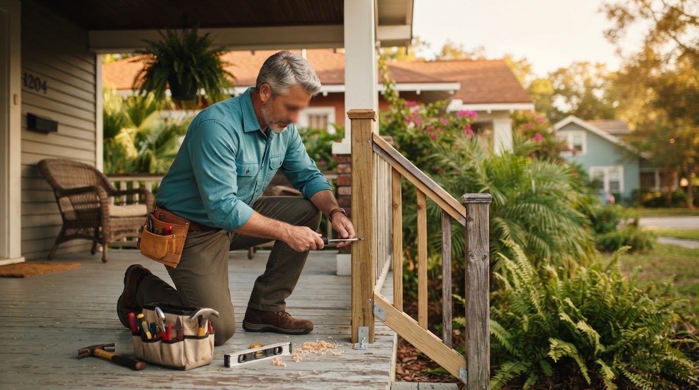 A neighbor doing light home repair work on a residential porch