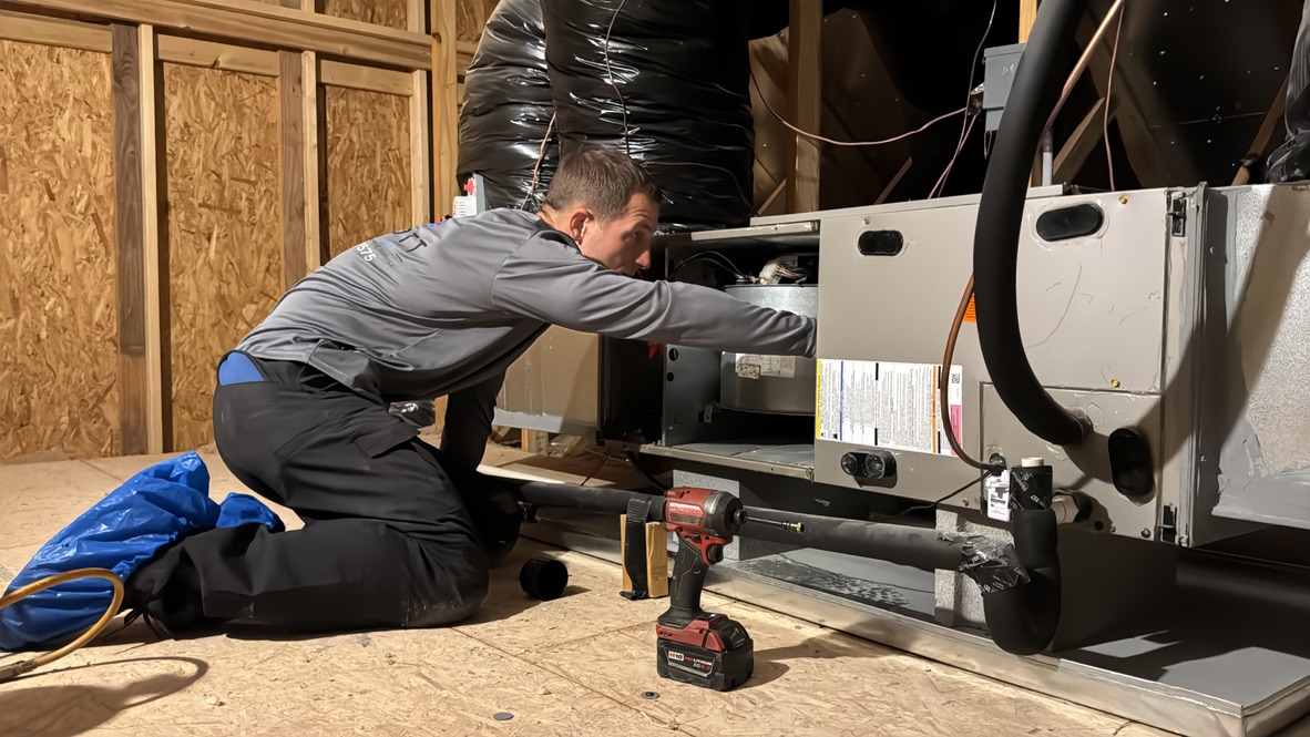 Mike Abbott inspecting an indoor HVAC heating unit during system maintenance