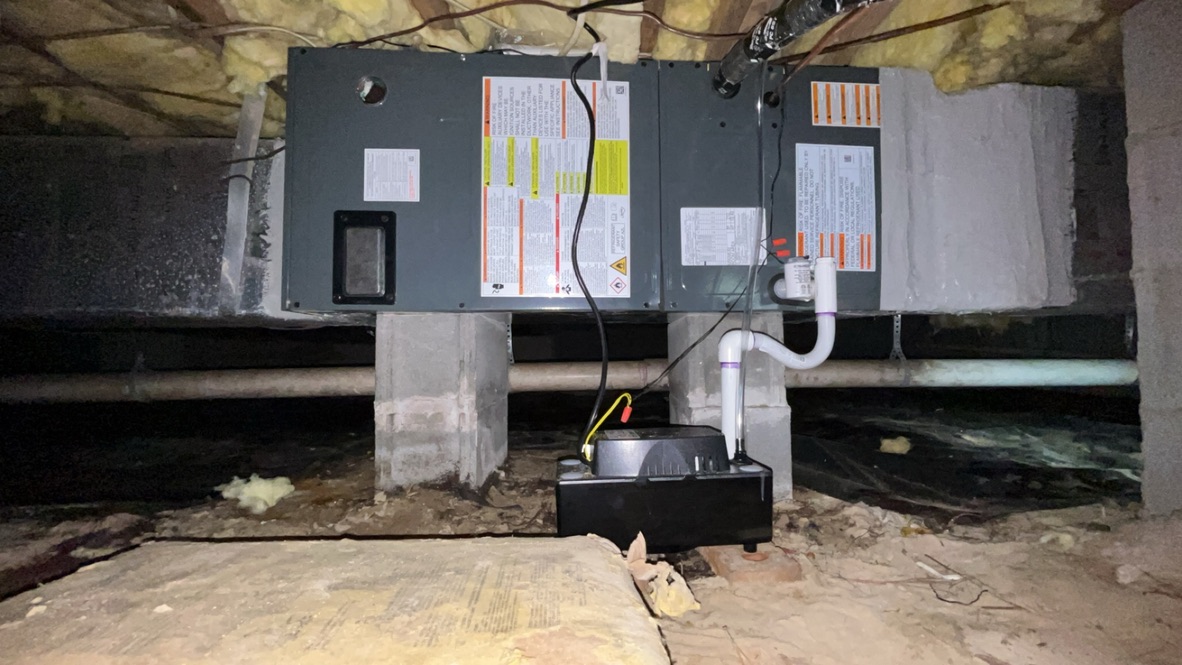 Properly installed horizontal HVAC air handler and condensate drain system