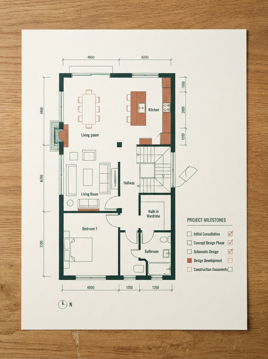 Architectural planning checklist with floor-plan linework and terracotta accents