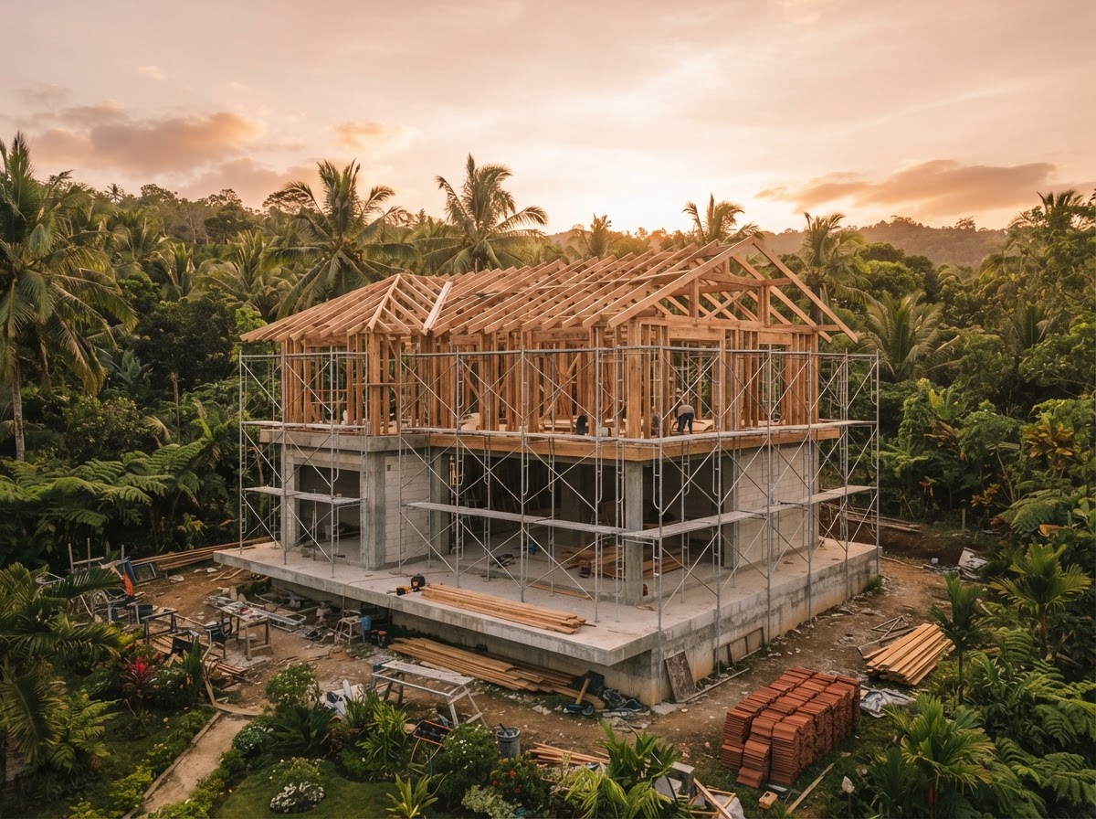 Modern two-storey home under construction with timber framing at golden hour