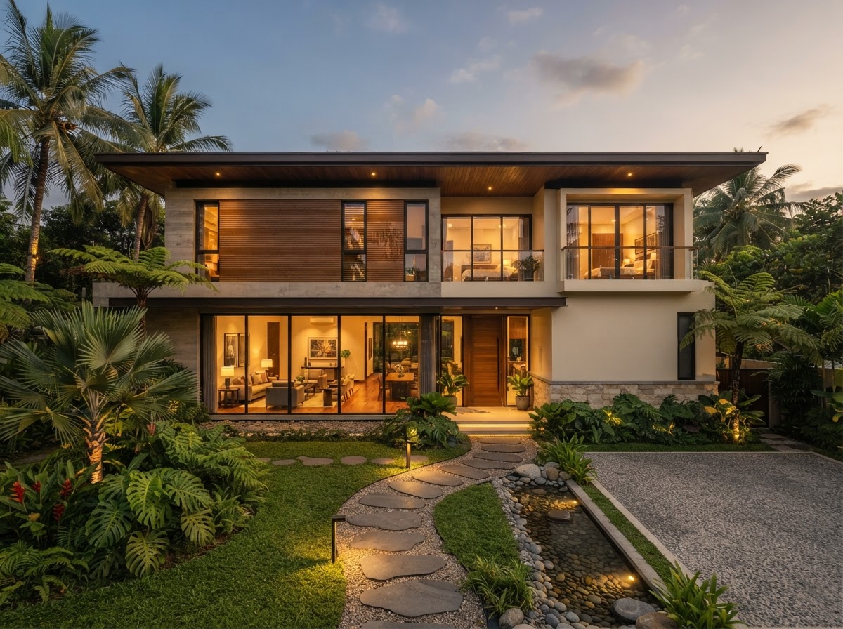 Modern custom home with warm interior glow at golden hour