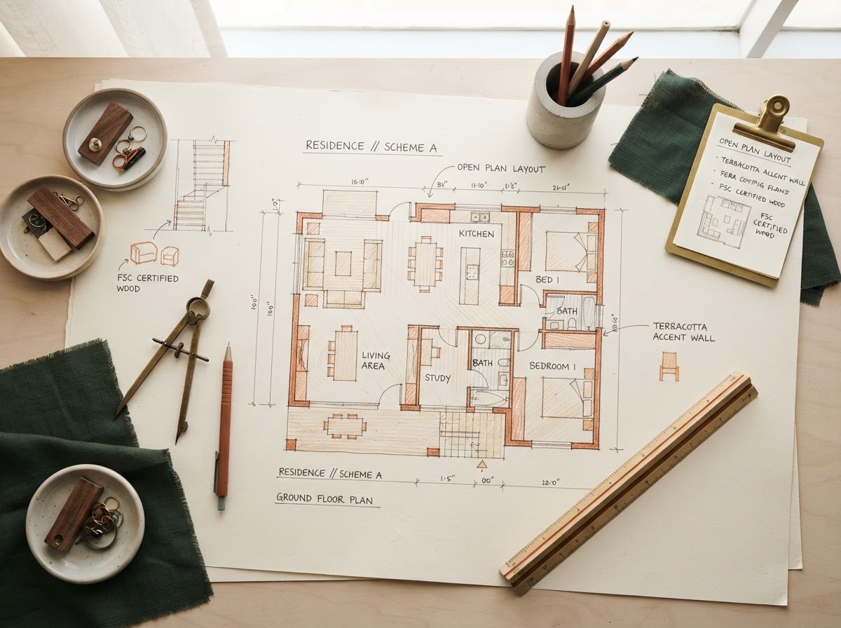 Architectural floor-plan sketches with terracotta linework on ivory paper
