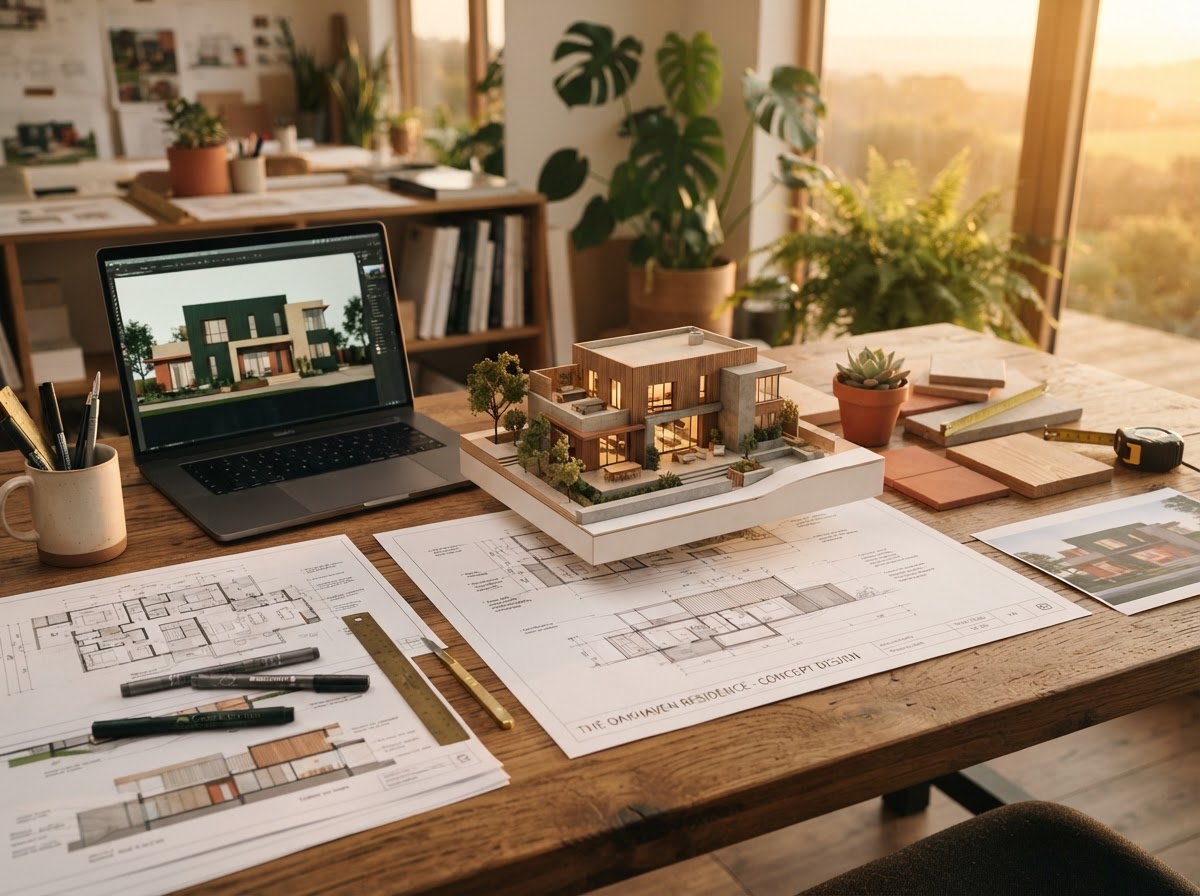 Architectural house model and elevation drawings on a studio desk