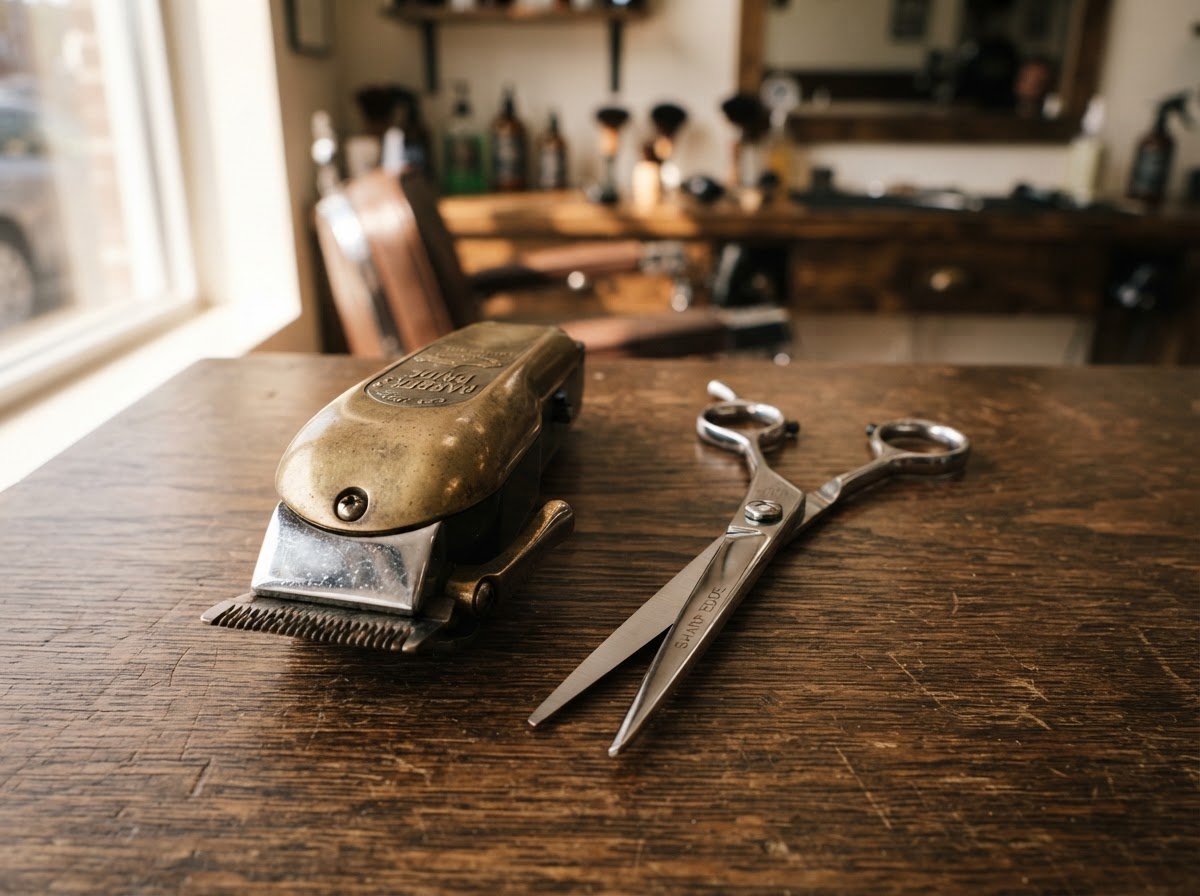 Brass clippers and silver shears laid on dark stained wood in warm side light