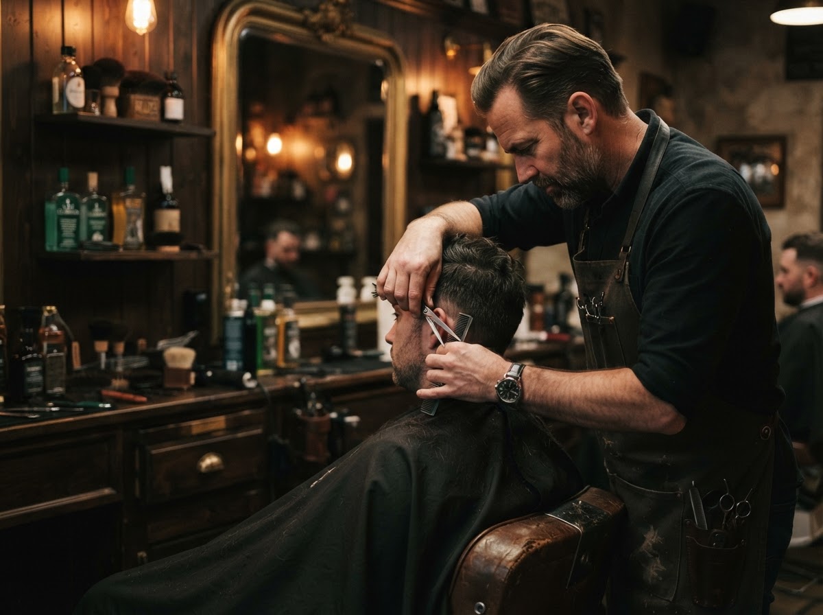 A barber at work seen from the side, hands in frame, in a dim heritage barbershop