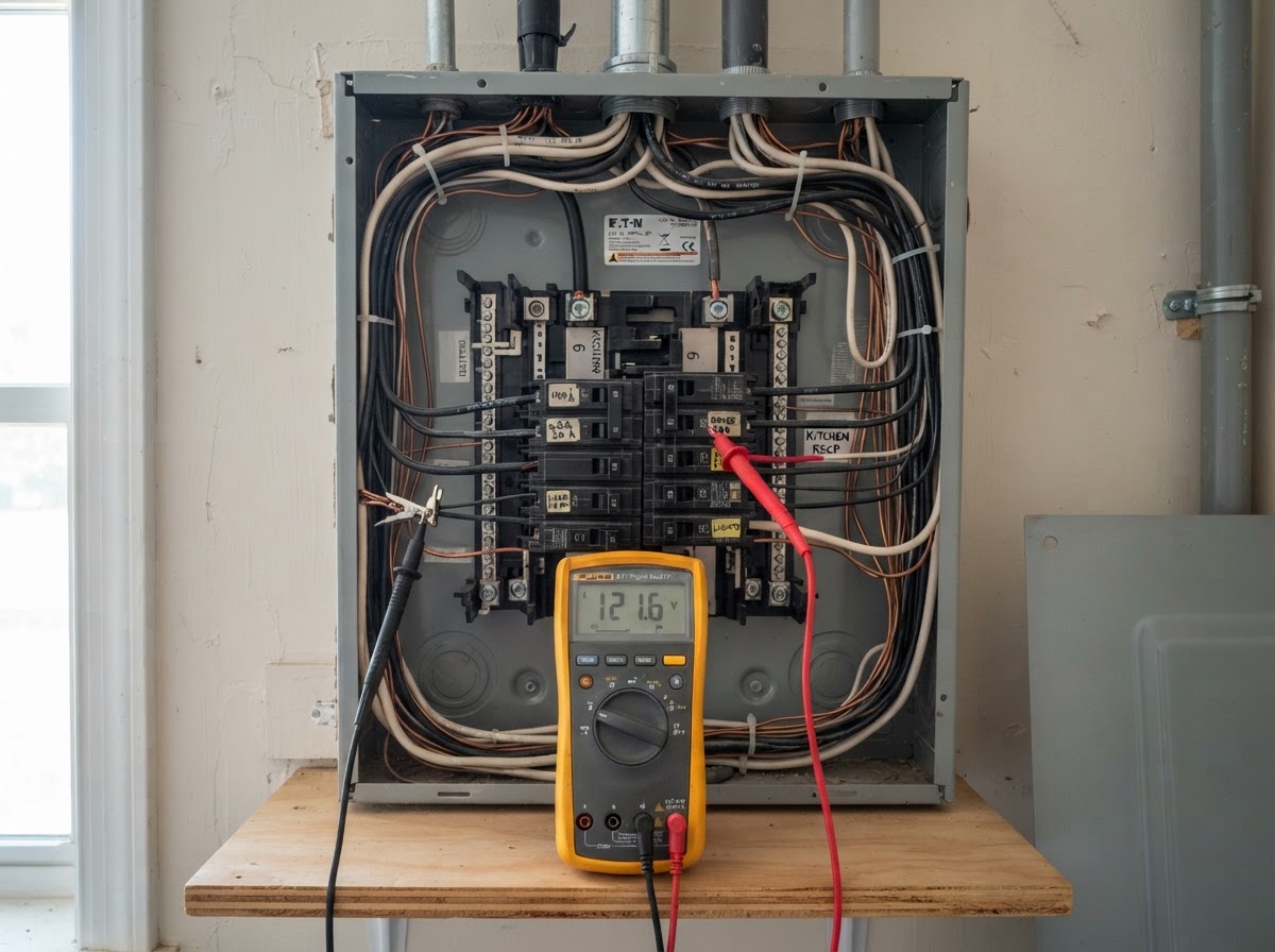 Electrician diagnosing a breaker panel with a multimeter in Chesterfield, VA