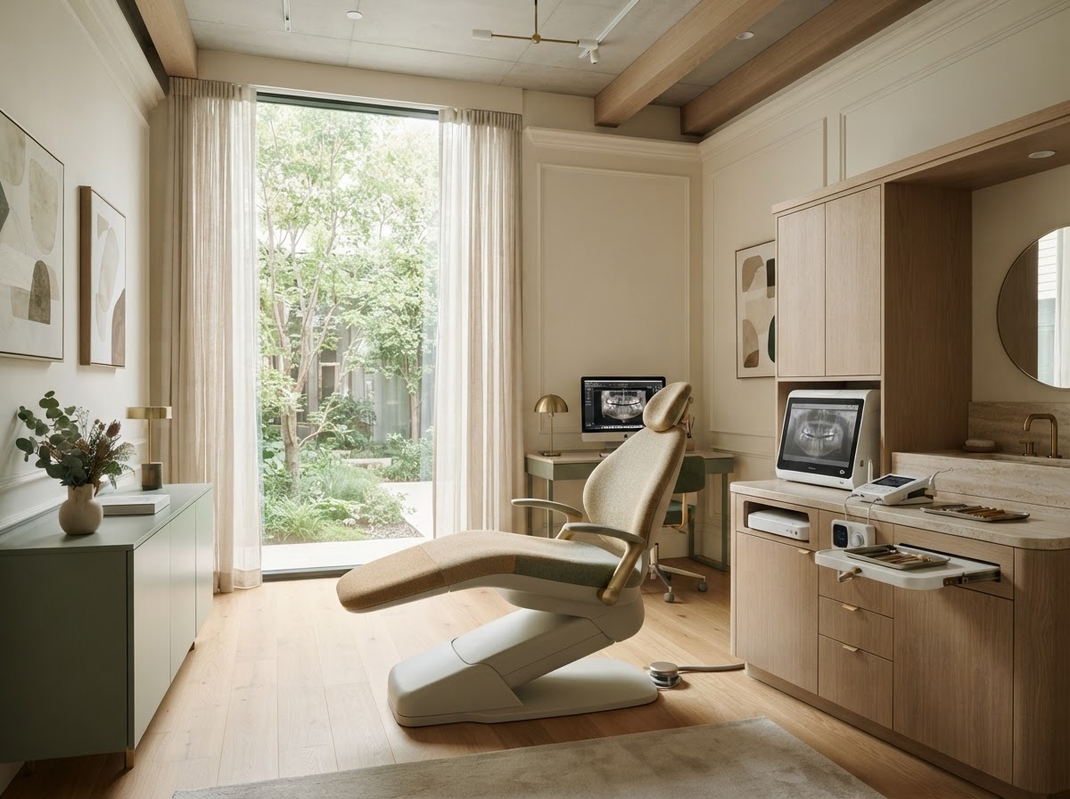 A premium modern biological dentistry treatment room with natural light, warm ivory tones, and deep evergreen accents.