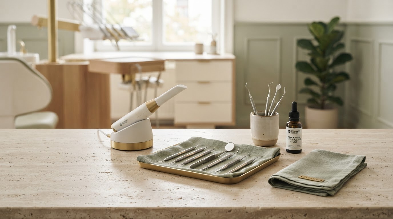 Modern dental technology and clean instruments arranged on a natural stone surface.