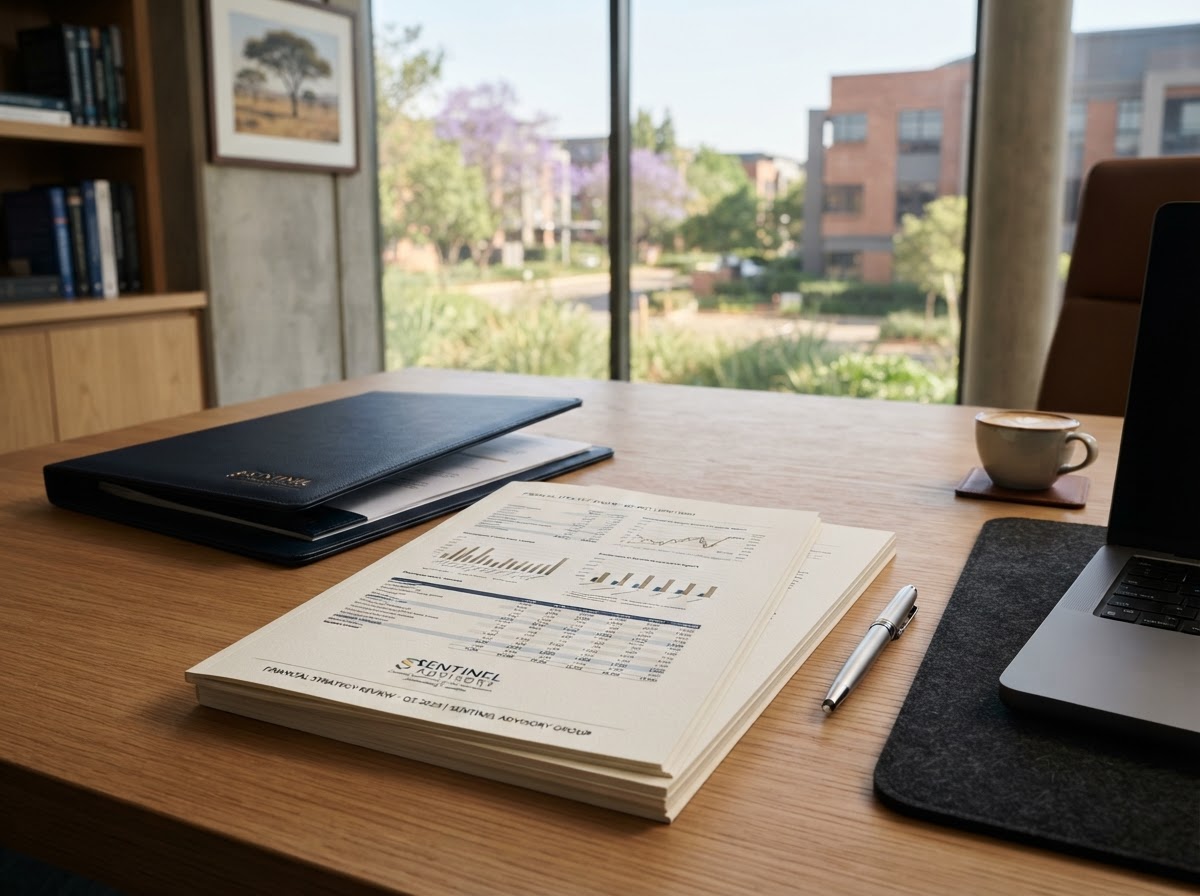 Executive financial review — management accounts and reports on a contemporary South African office desk