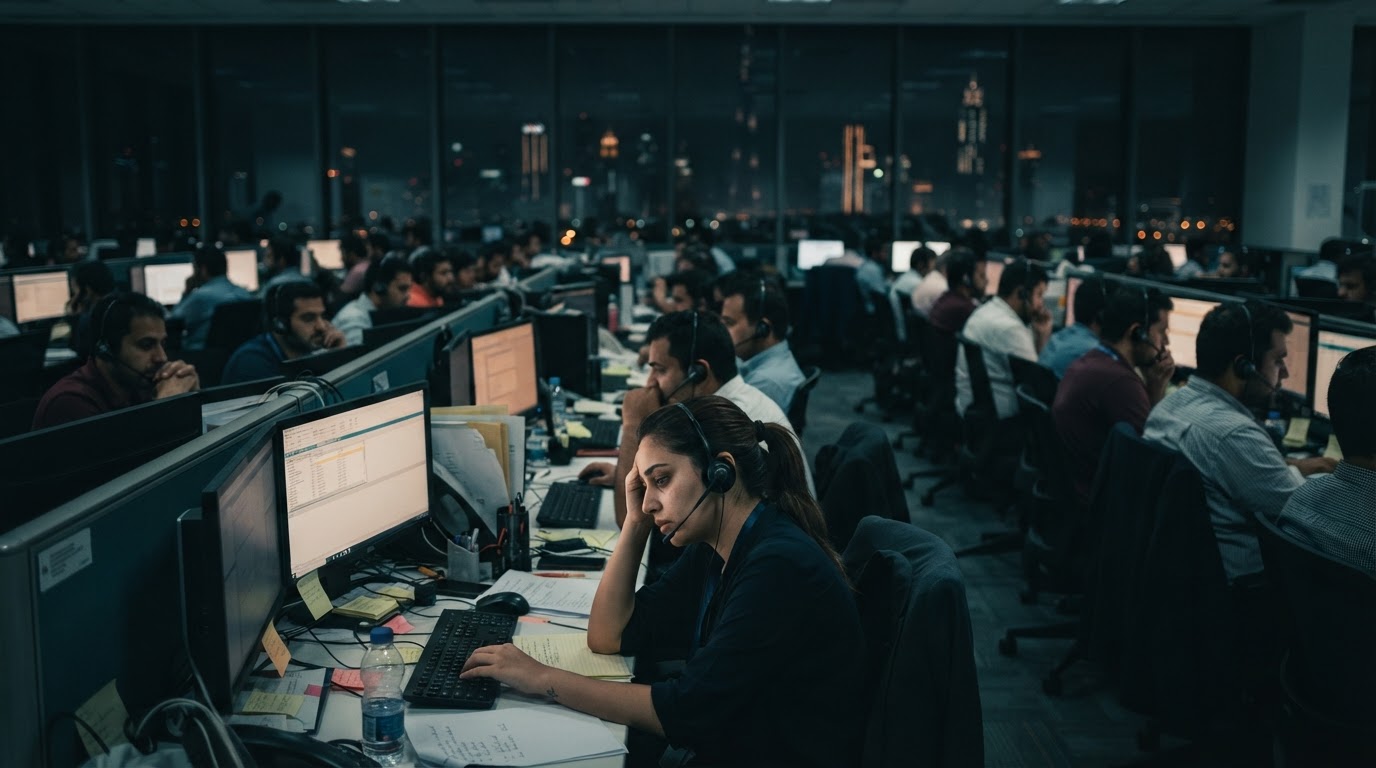 An overcrowded call center at night — the cost of scaling human capacity