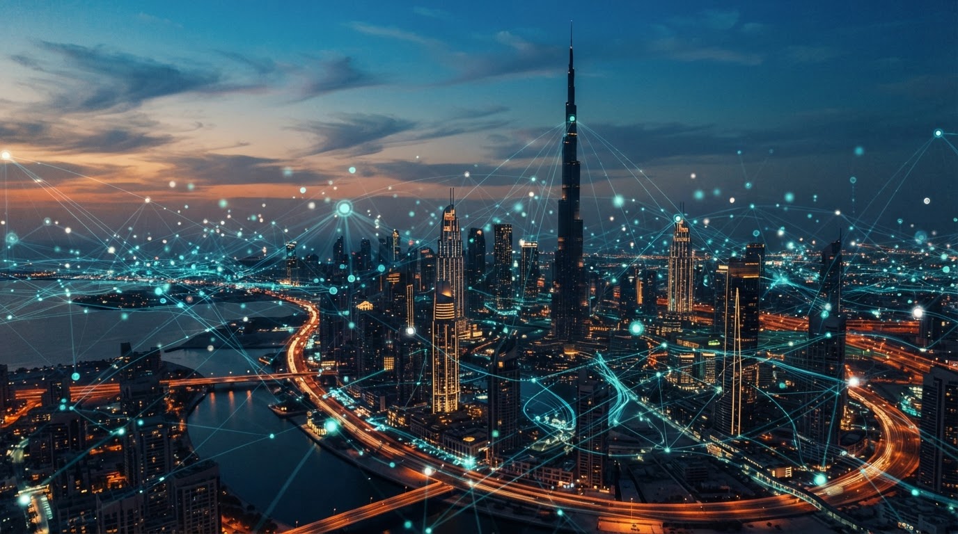 Dubai skyline at dusk with an AI data network overlay — an AI-first economy