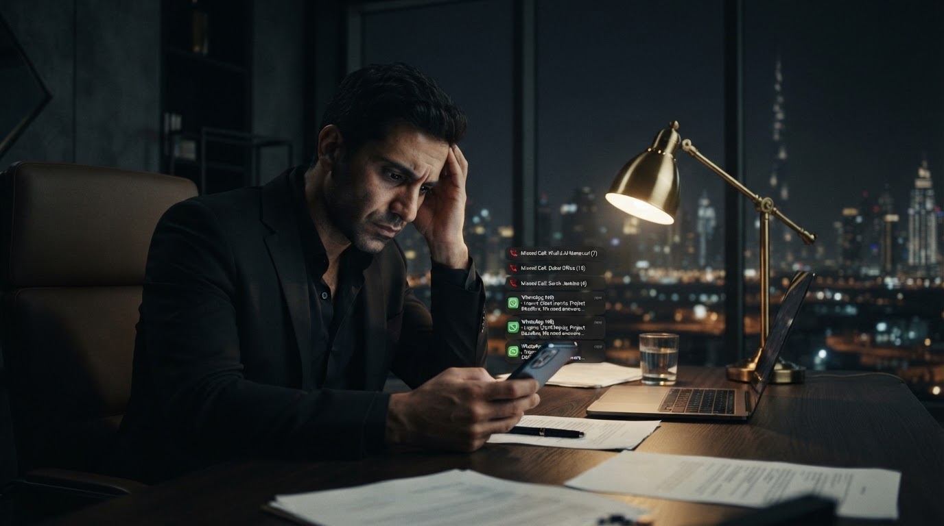 A business owner late at night reviewing missed customer messages