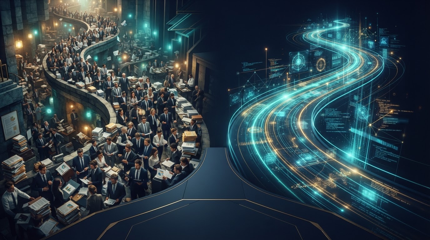 Two diverging business paths — traditional headcount versus an AI-powered system
