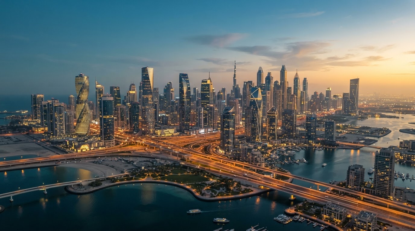 A UAE business district skyline at dawn, representing an always-on intelligent operation