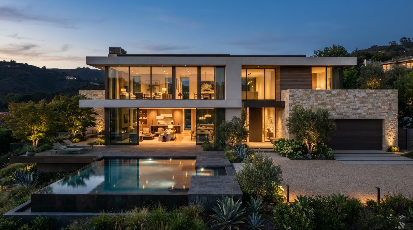 Luxury residence exterior at dusk