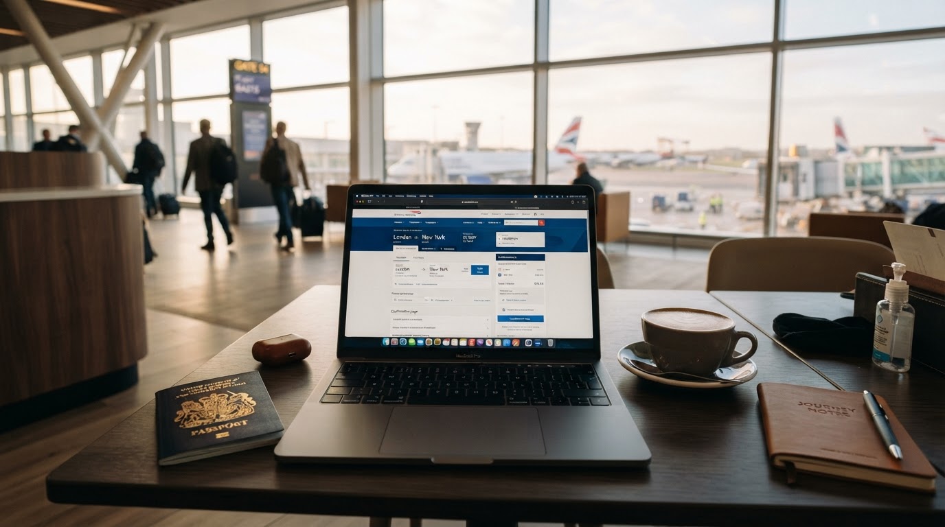 Laptop with travel booking pages and a British passport at a bright airport terminal
