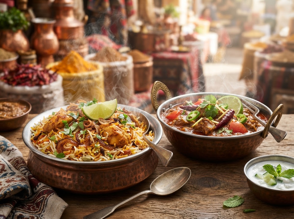 Authentic Dum Biryani and Lamb Karahi in copper handi