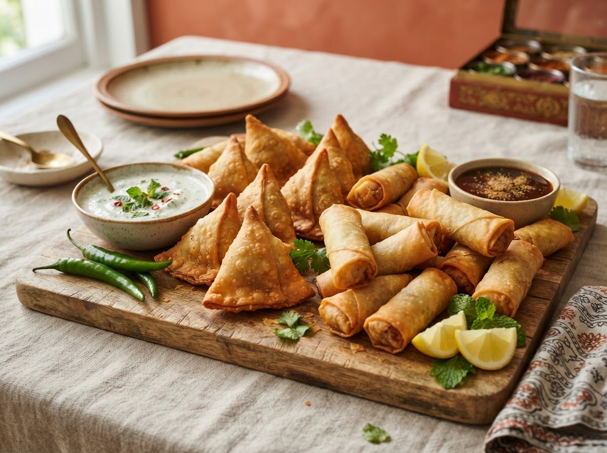 Crispy golden handmade chicken samosas and spring rolls on wooden board
