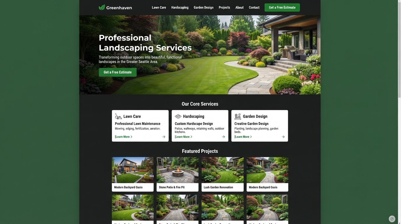 Greenhaven Landscaping sample website preview