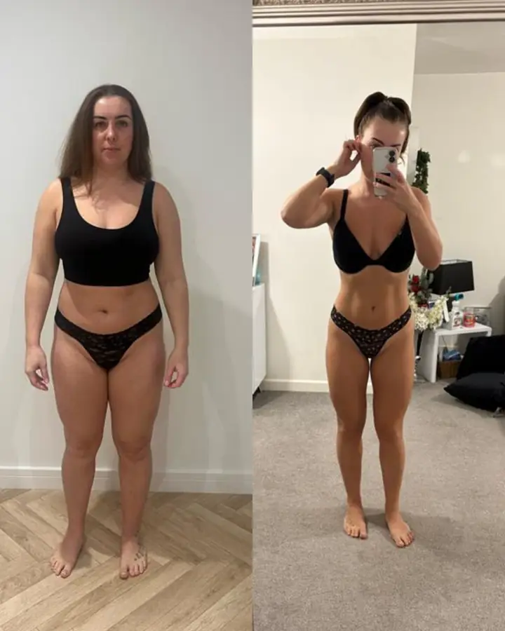 Client before and after coaching, photographed at home