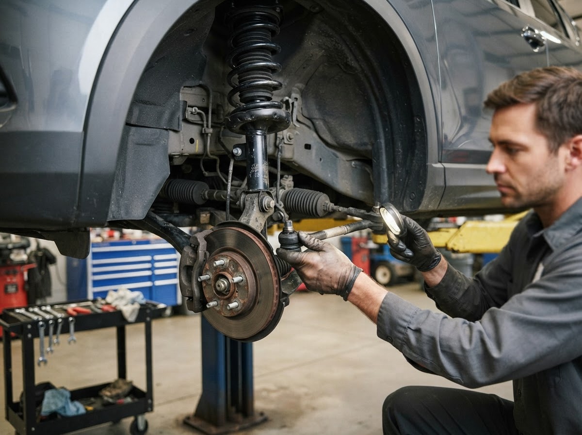 Technician inspecting a vehicle strut, coil spring, and tie rod on a lift with the wheel removed