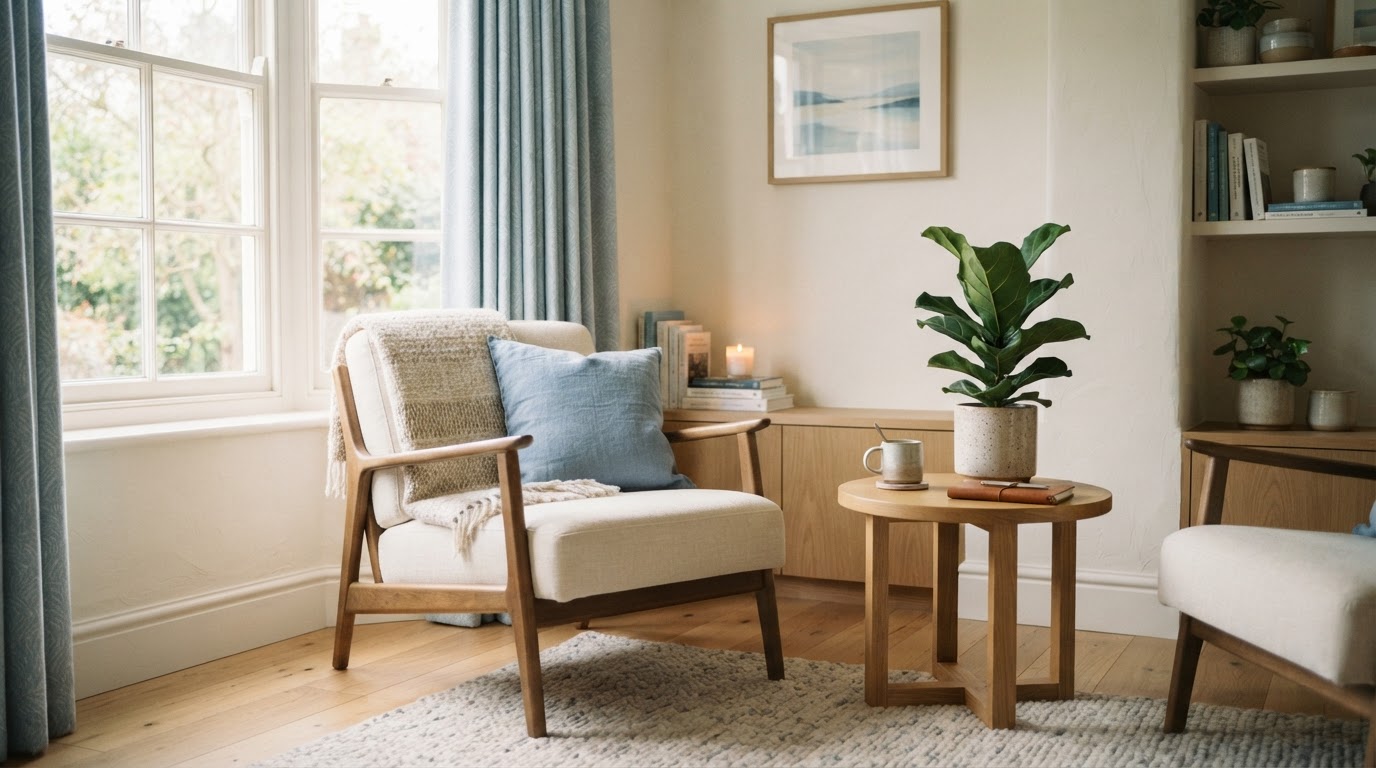 A calm, warmly lit therapy office with a comfortable armchair and soft natural light
