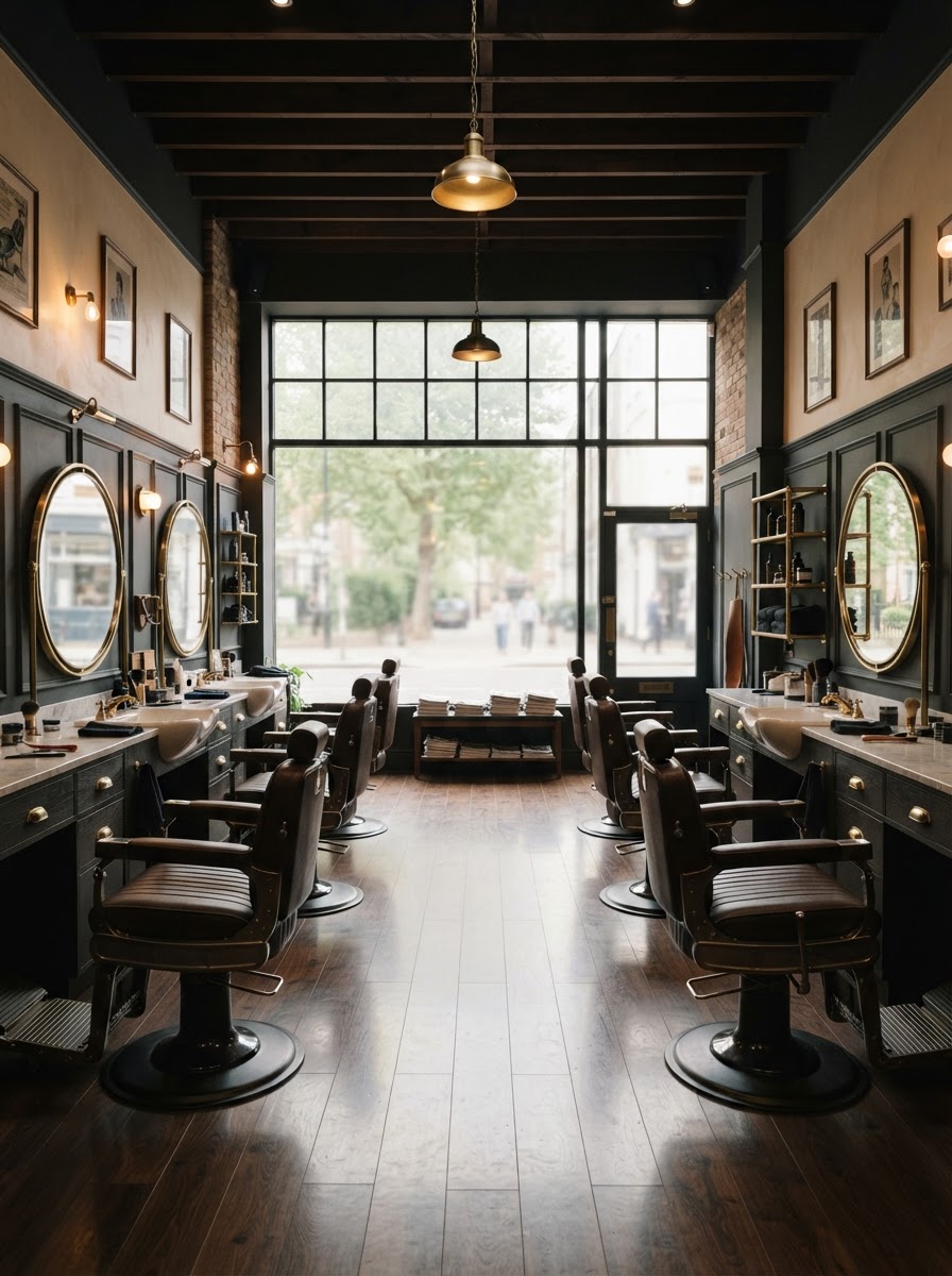 Interior of a barbershop with vintage leather chairs and warm wood fixtures.