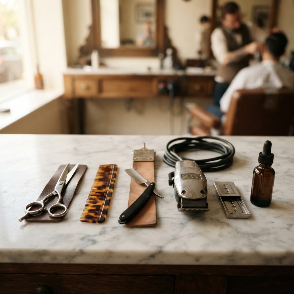 Barbershop tools, including scissors, comb, and straight razor, arranged on a surface.