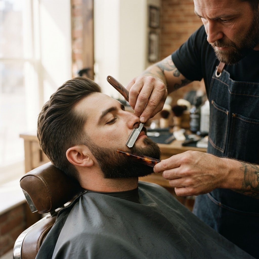 A barber shaping a client's beard with a straight razor and comb.