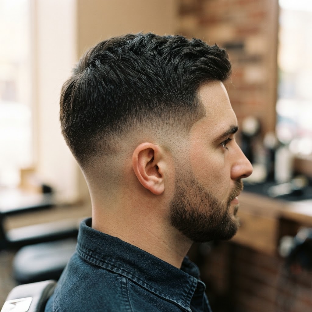 Close detail of a neatly finished short haircut from the side.