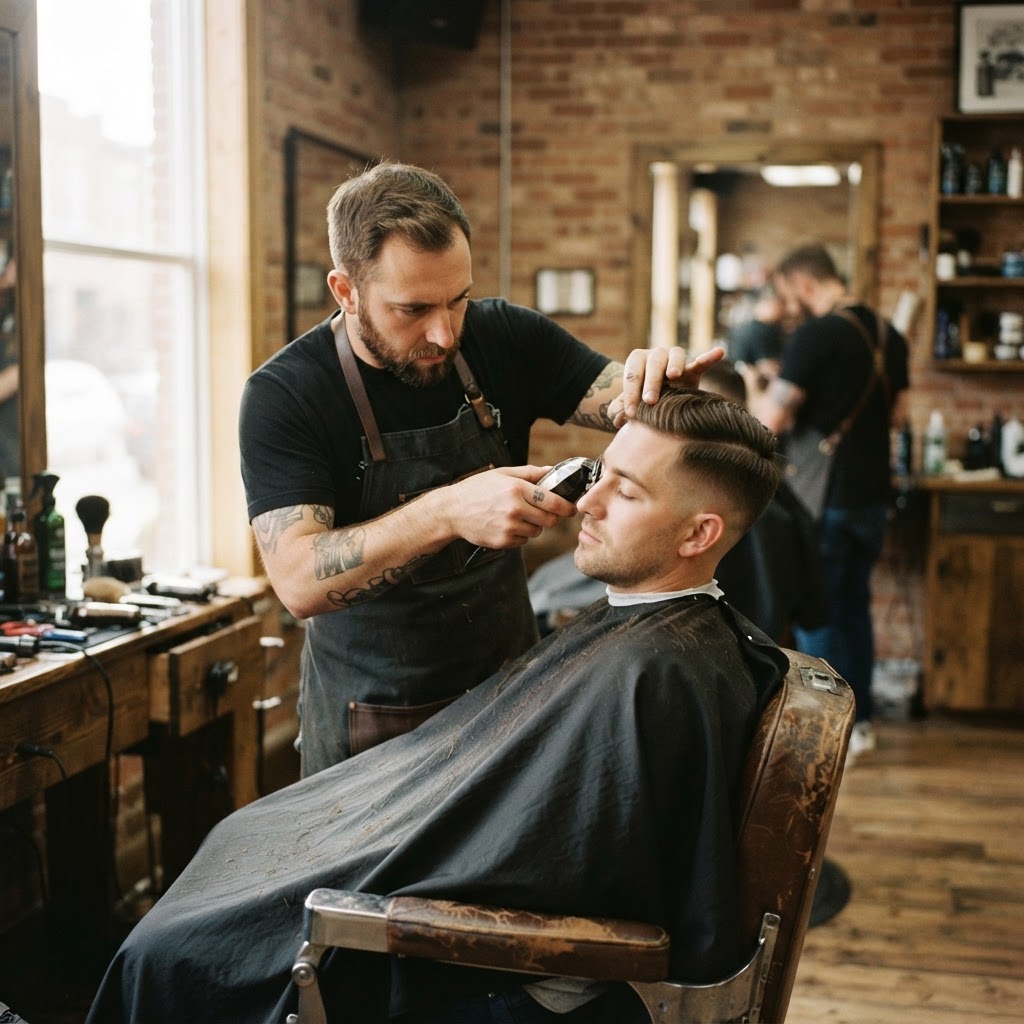 A barber using clippers on a client in the shop.