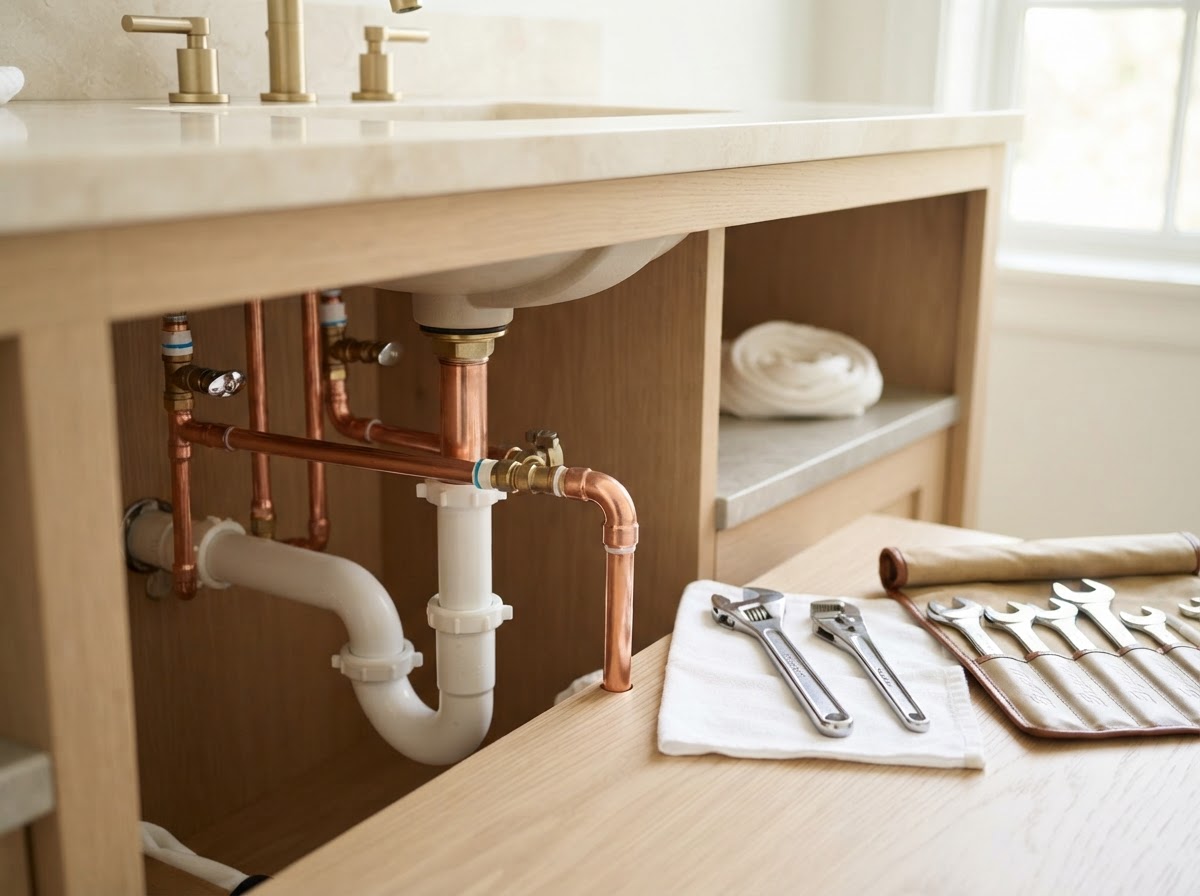 Tidy under-sink plumbing repair with clean copper and white pipes and a wrench set beside them