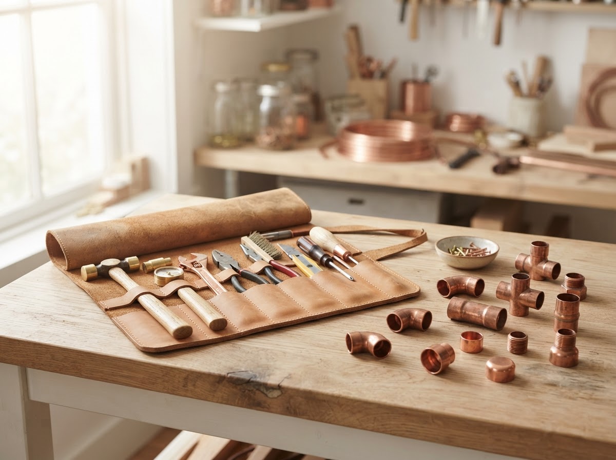Tidy toolkit and copper fittings on a light oak surface in soft light, craftsmanship feel