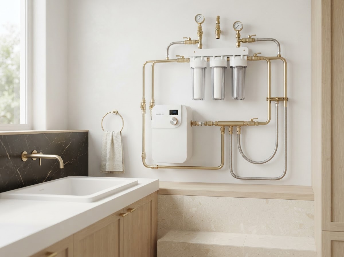 Modern water softener system and clean filtration units on a white wall with neat piping