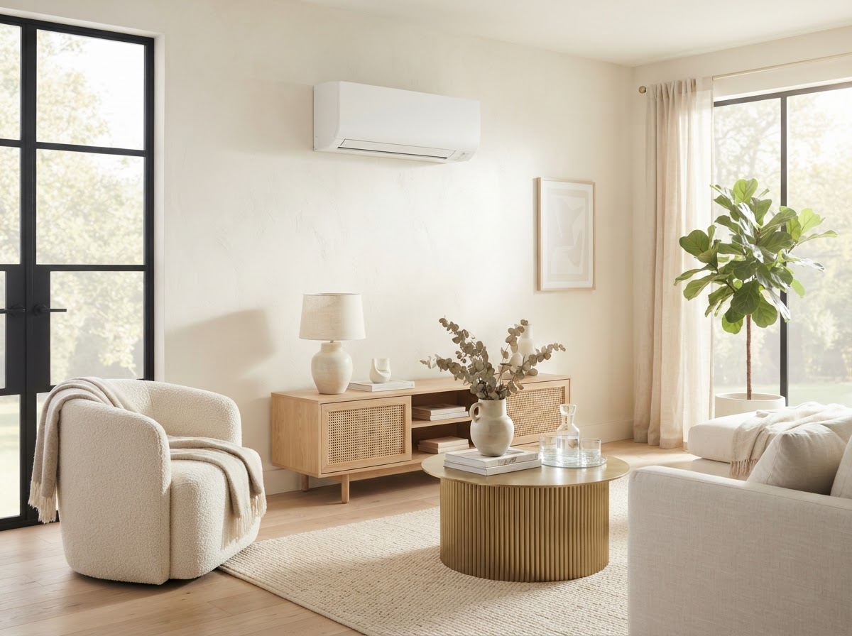 Modern white ductless AC unit on a bright living room wall in an airy sunlit room
