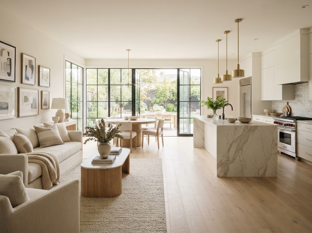 Bright whole-home renovation with light oak floors, white walls, and large windows