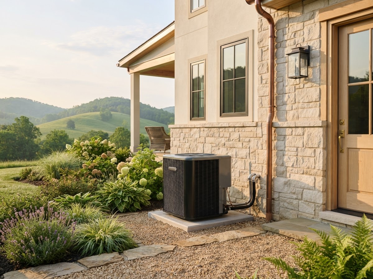 Sleek outdoor AC condenser beside a light-colored home exterior with green West Virginia hills behind