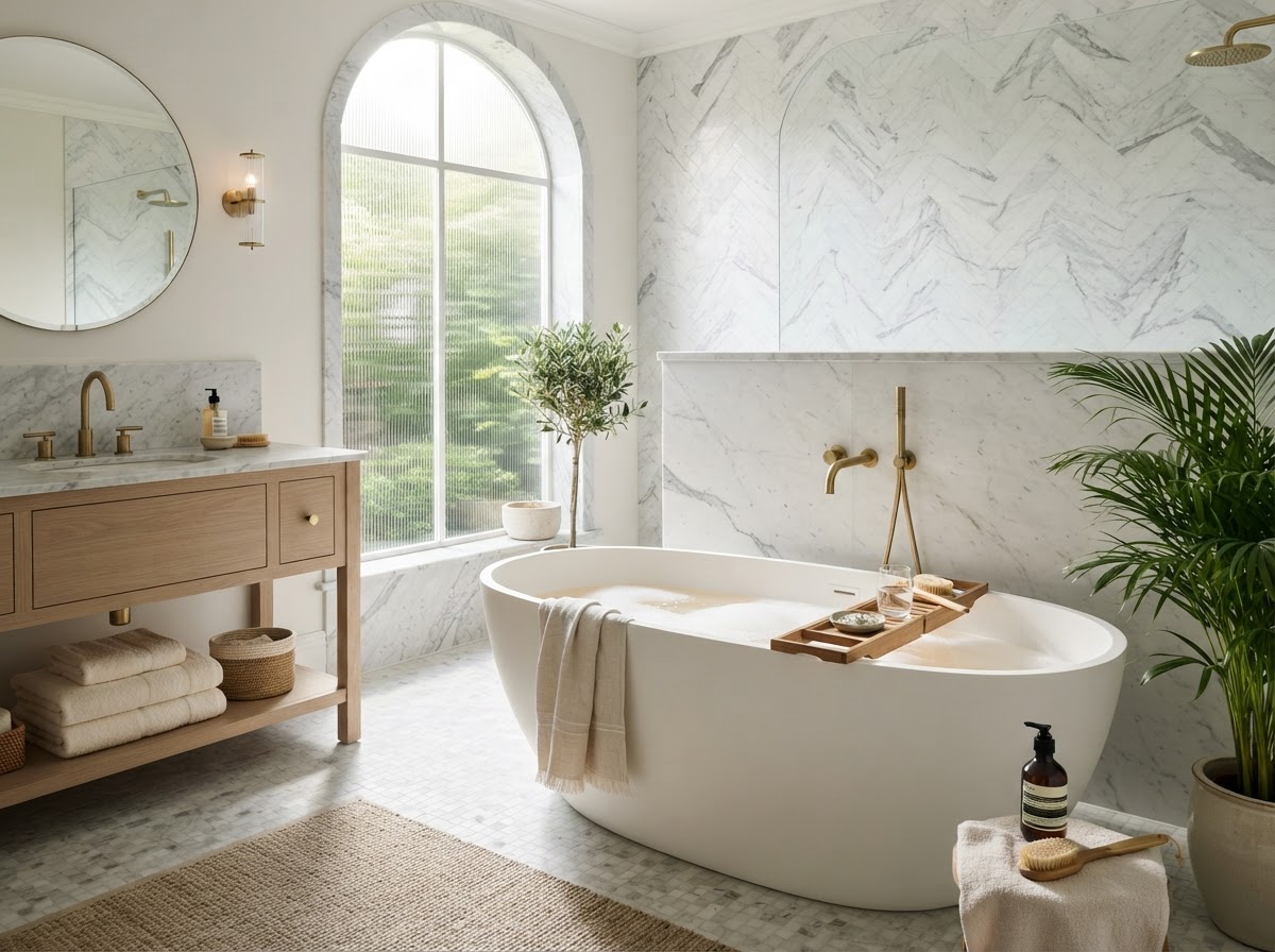 Spa-like renovated bathroom with white marble, freestanding tub, and brass fixtures