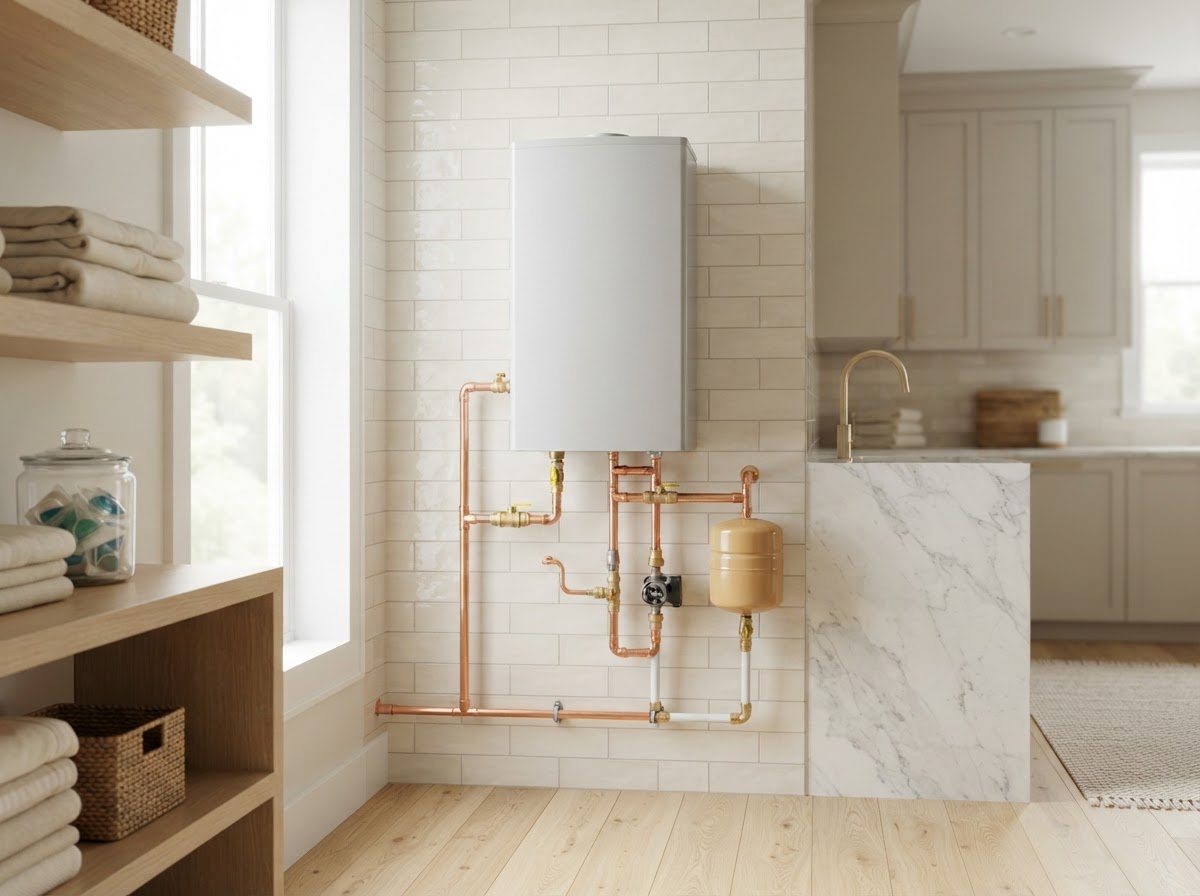 Clean modern tank water heater in a bright tidy utility room with neat copper connections