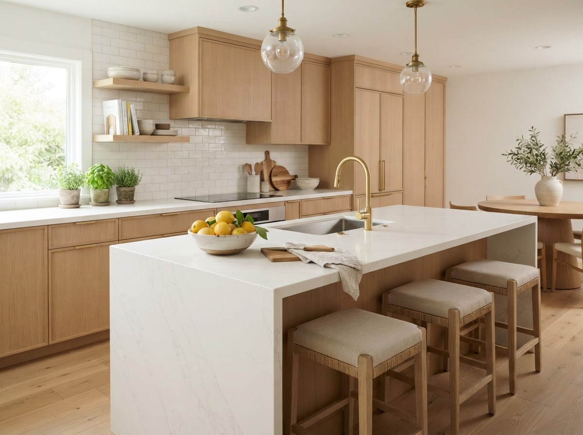 Bright modern kitchen with white quartz island, light oak cabinets, brass tap, and lemons in a bowl
