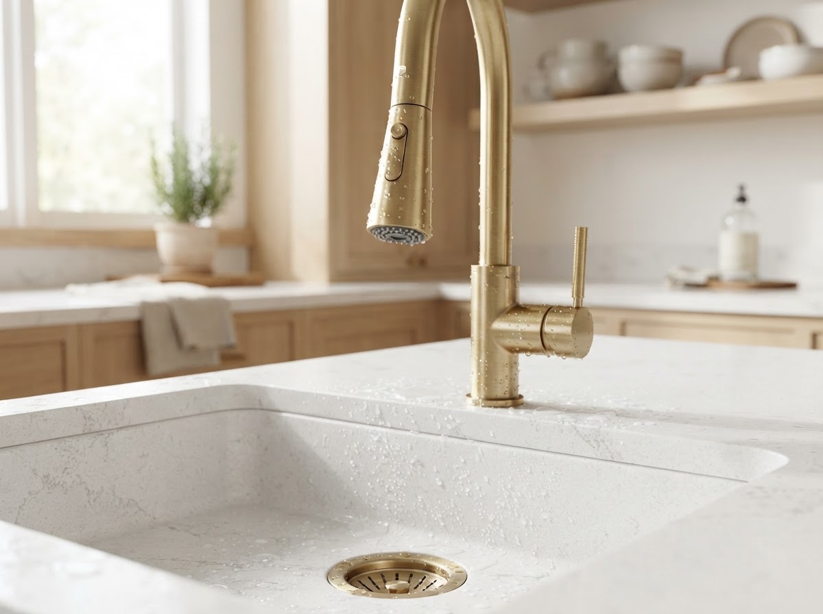 Close-up of a brushed brass pull-down kitchen tap in a white quartz sink with water droplets