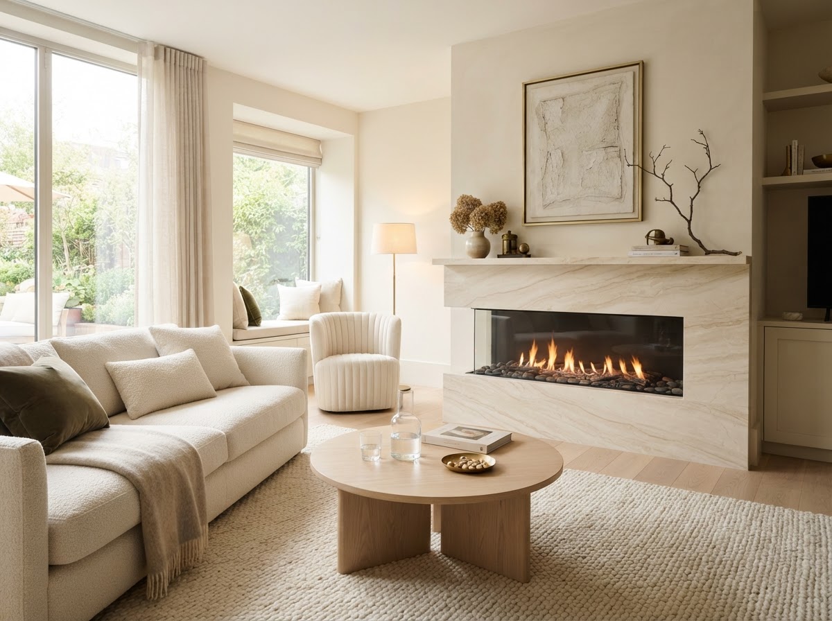 Cozy bright living room with a modern gas fireplace and warm inviting light