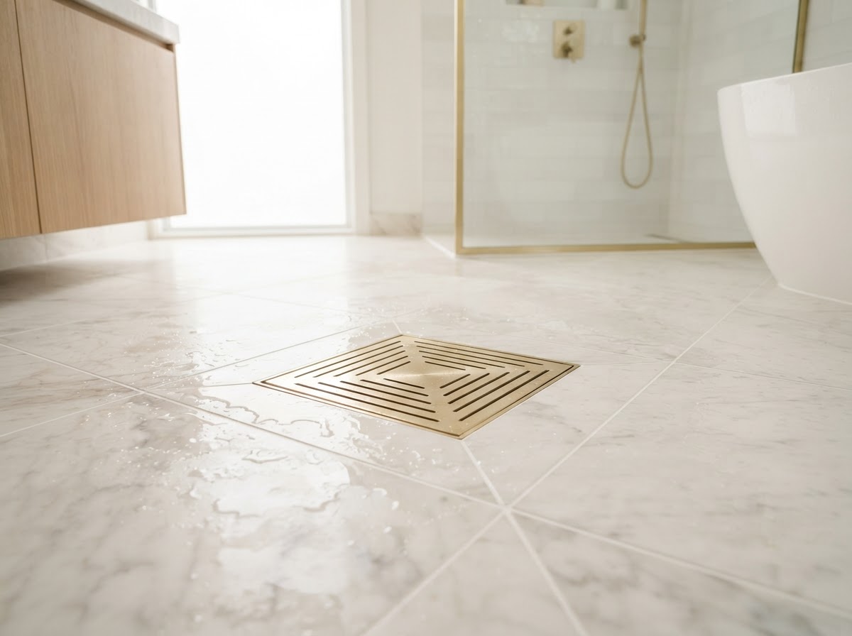 Spotless modern bathroom floor drain and tile in bright clean light