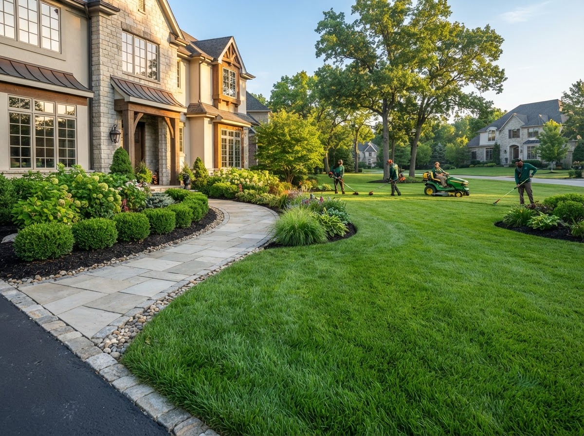 A lush, professionally maintained green lawn with a landscape crew and riding mower at work