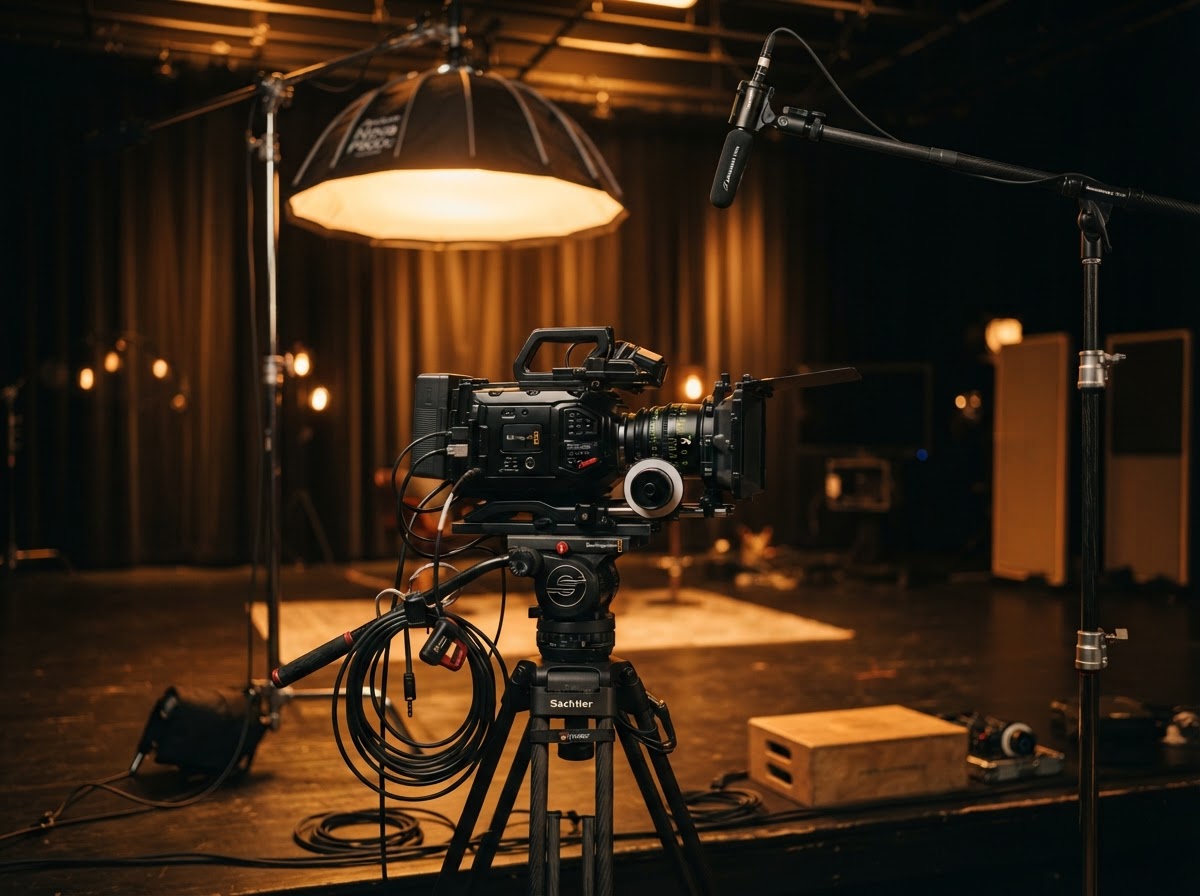 Professional broadcast production gear on a warm-lit stage at Resurgence Conference