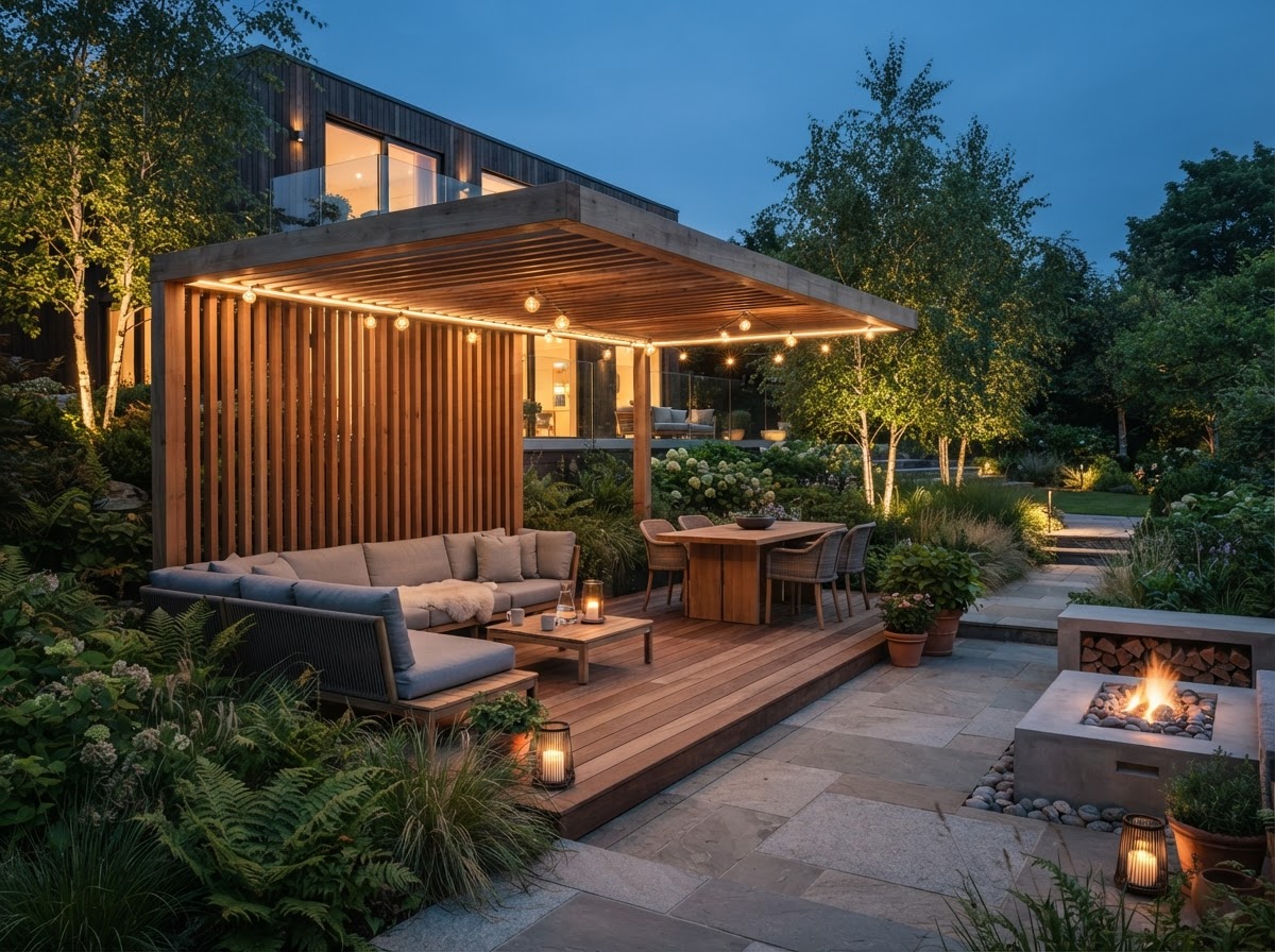 Færdigt udemiljø med terrasse, natursten og beplantning