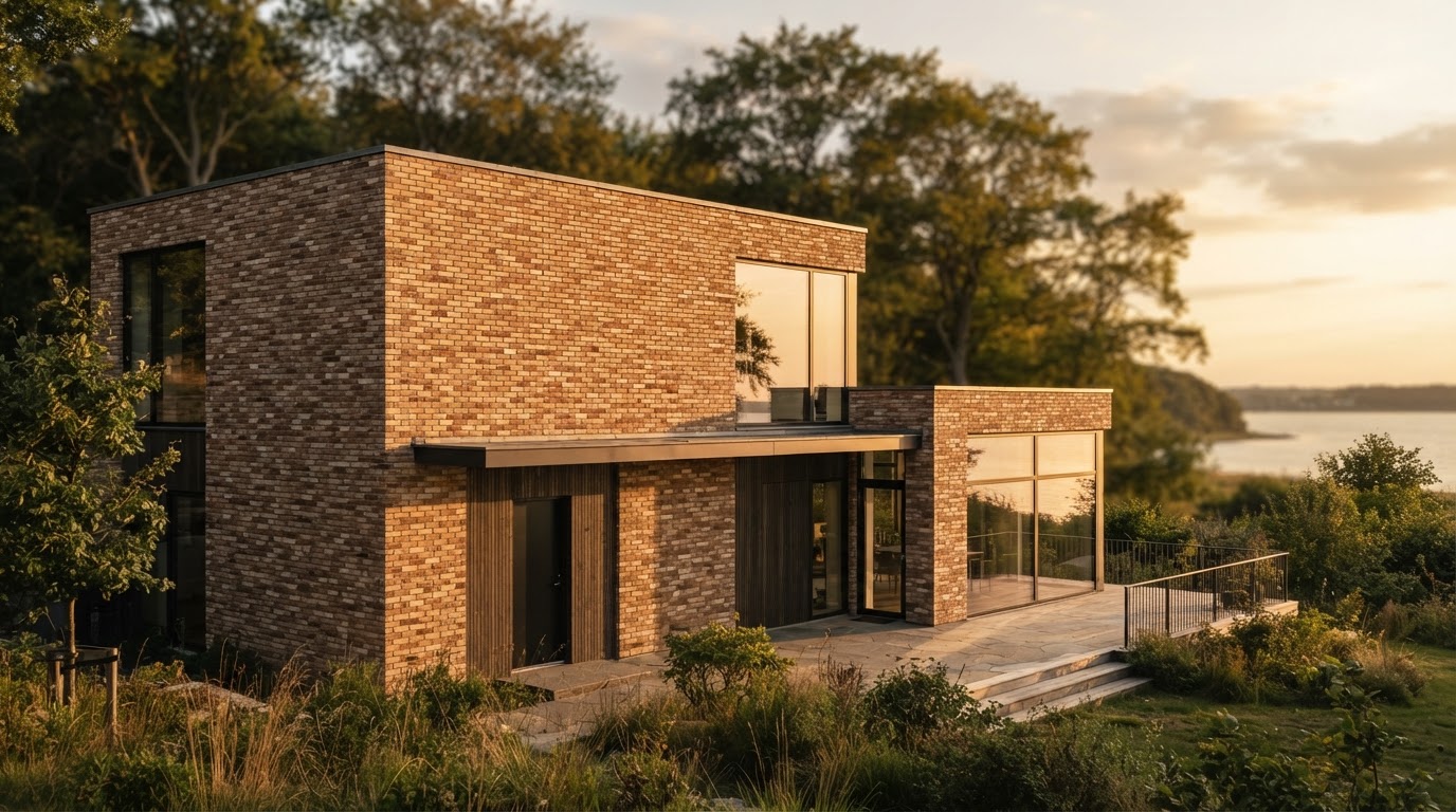 Moderne dansk villa med håndstrøgent teglmurværk i varmt naturligt lys