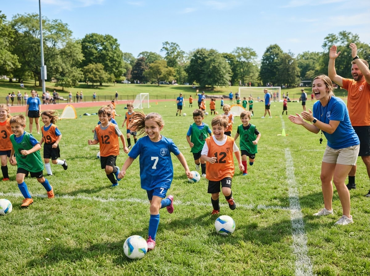 Excited youth soccer camp kids running on the field
